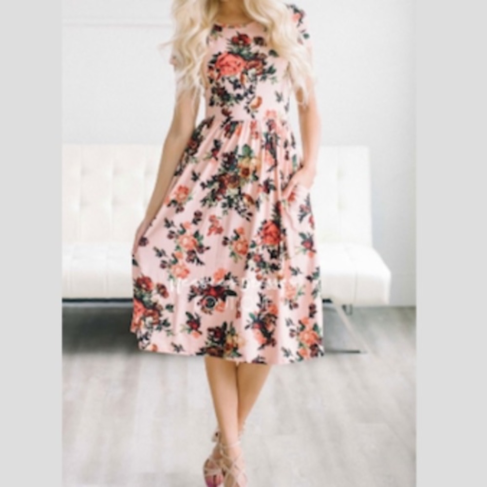 Reb & J 220 Pink Floral Jersey Dress with Pockets Size Large